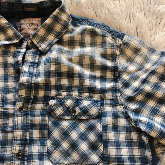 Guess Blue and White Plaid Patchwork Long Sleeve Button Down - Picture 4 of 5